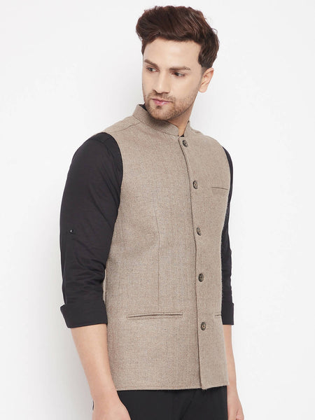 Even Apparels Beige Wool Men Woven Nehru Jacket