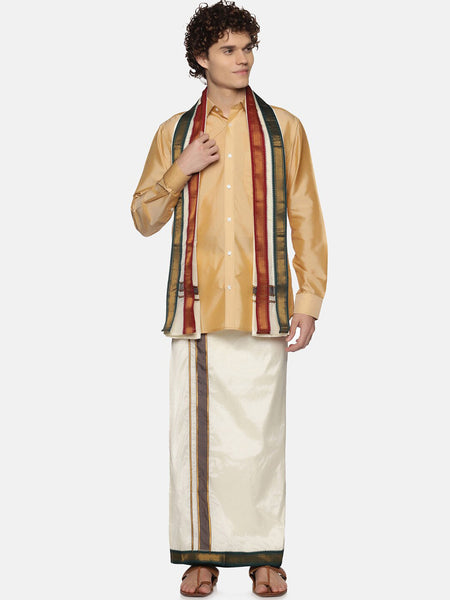 Sethukrishna Men Cream-Colored Solid Dhotis With Angavastram