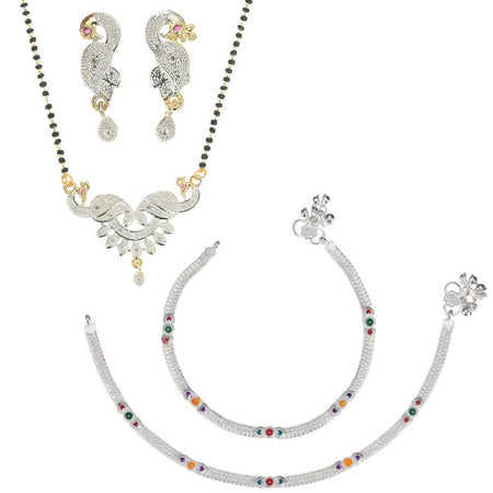 AanyaCentric Gold-Polished Mangalsutra Pendant Earring Set & Silver Plated Anklet
