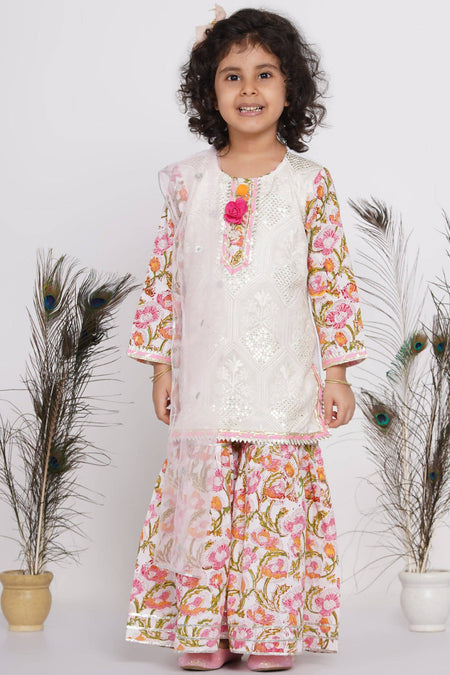 Little Bansi Girls Cotton Floral work Kurta with Floral Sharara & Dupatta - White
