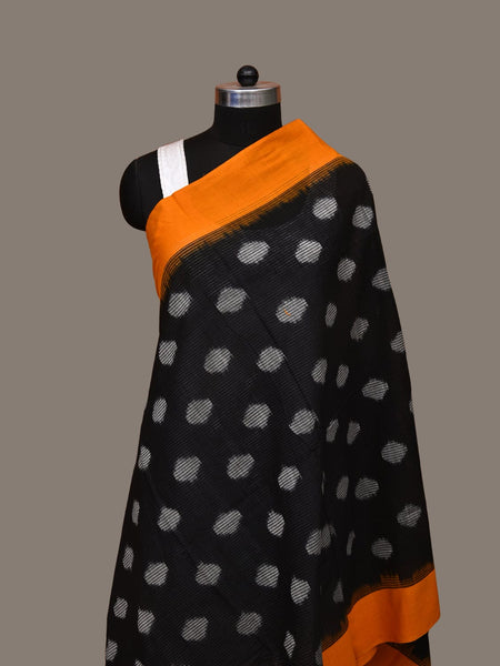 Black and Orange Pochampally Ikat Cotton Handloom Dupatta with Polka Dots Design - Global Threads