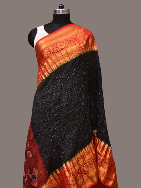 Black and Red Bandhani Kanchipuram Silk Handloom Dupatta with Kalamkari Design - Global Threads