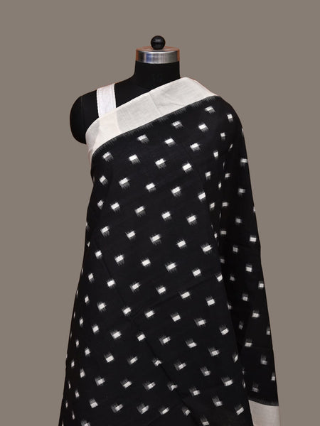 Black and White Pochampally Ikat Cotton Handloom Dupatta with Dots Design - Global Threads