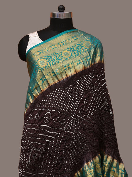 Black Bandhani Kanchipuram Silk Handloom Dupatta with Border Design - Global Threads