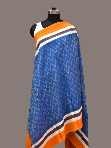 Blue and Yellow Pochamaplly Ikat Cotton Handloom Dupatta with Zig-Zag Design - Global Threads