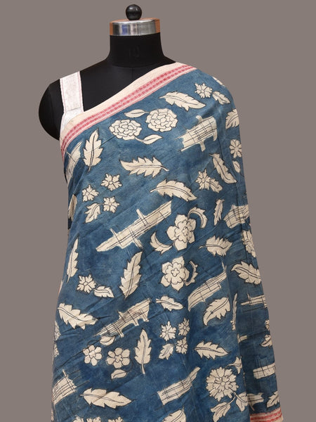Blue Kalamkari Hand Painted Cotton Handloom Dupatta with Leaves and Doby Border Design - Global Threads