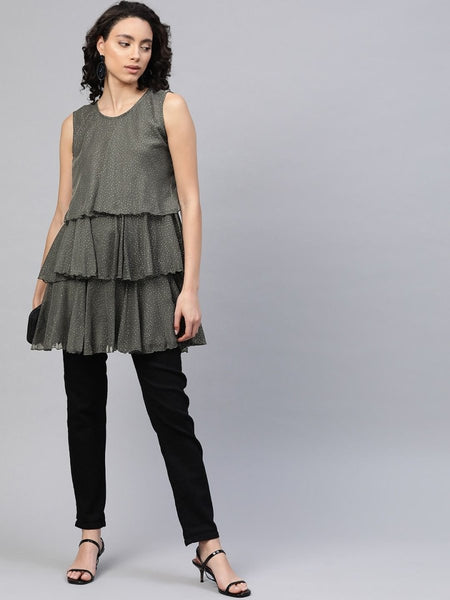 Ahalyaa Women Grey Chiffon Silver Glitter Printed Tiered Tunic
