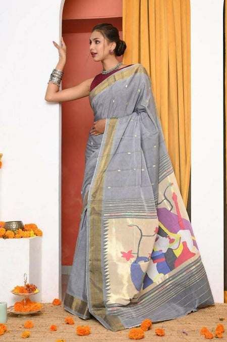 Very Much Indian Handloom Grey Cotton Paithani With Radha Krishna Pallu