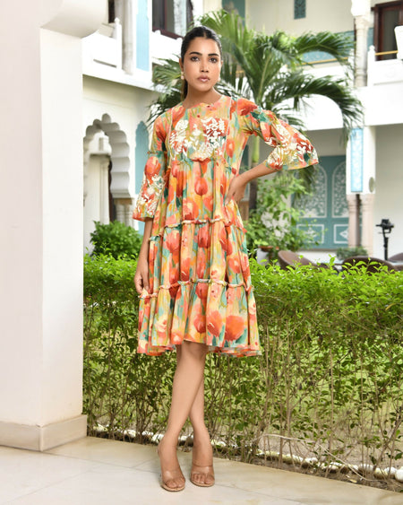 Vaasva Women's Orange Cotton Embroidered& Digital Printed Dress