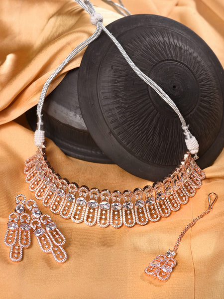 Saraf RS Jewellery Rose Gold-Polished White AD Studded Jewellery Set With Maang Tika