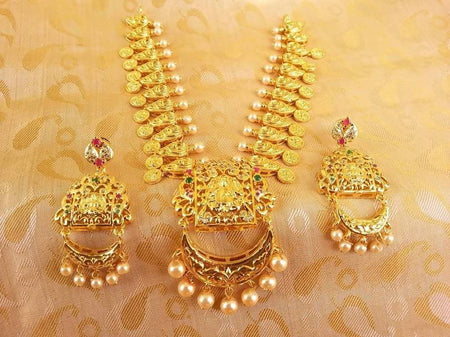 Multicolor Gold-Polished Lakshmi Kasu Necklace Set