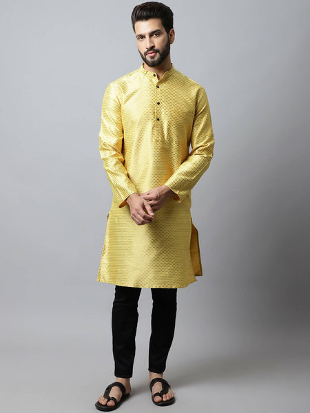 Even Apparels Yellow Color Art Silk Banarsi Silk Men's Kurta With Band Collar (BS017)