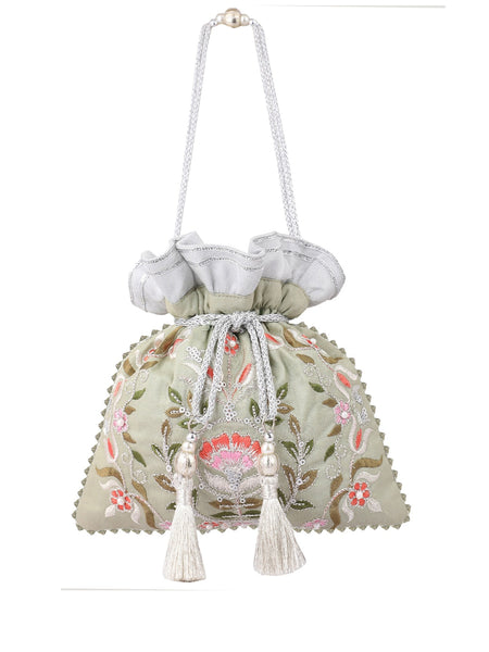 Masq Green & Pink Embellished Embroidered Potli Clutch