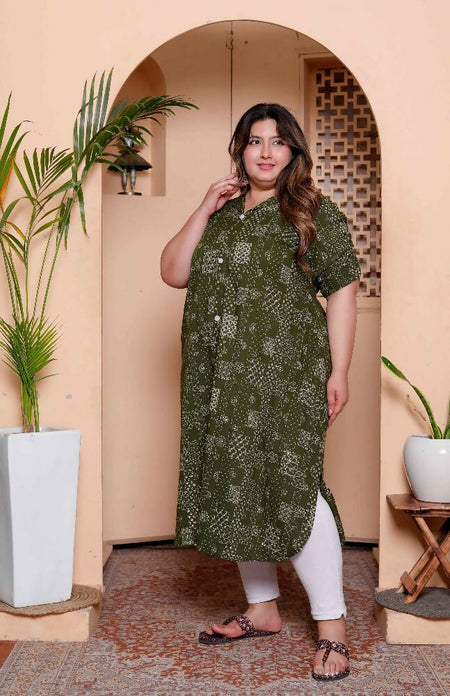 Miravan Womens Plus Size Pure Cotton Floral Printed Green Button Down A-Line Midi Dress
