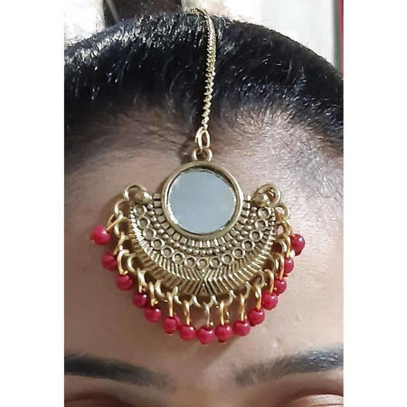 MS Fashion India Gold-Polished Red Color Pearls Mirror Maang Tikka