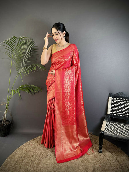 Joban Fashion Red Floral & Paisley Motifs Soft Satin Silk Banarasi Saree