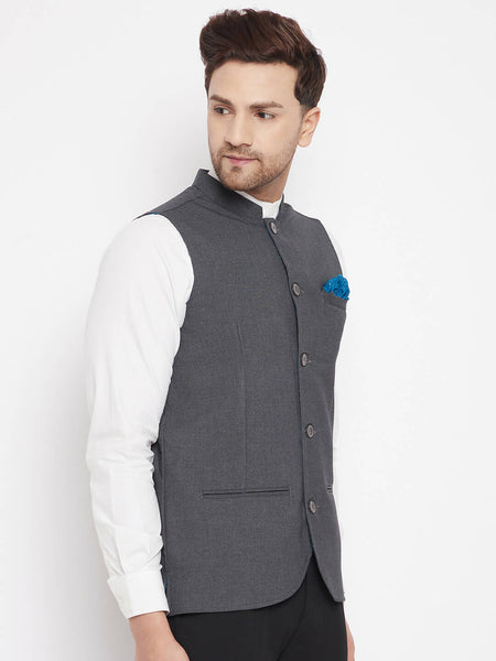 Even Apparels Men's Grey Merino Nehru Jacket-Contrast Lining-Free Pocket Square