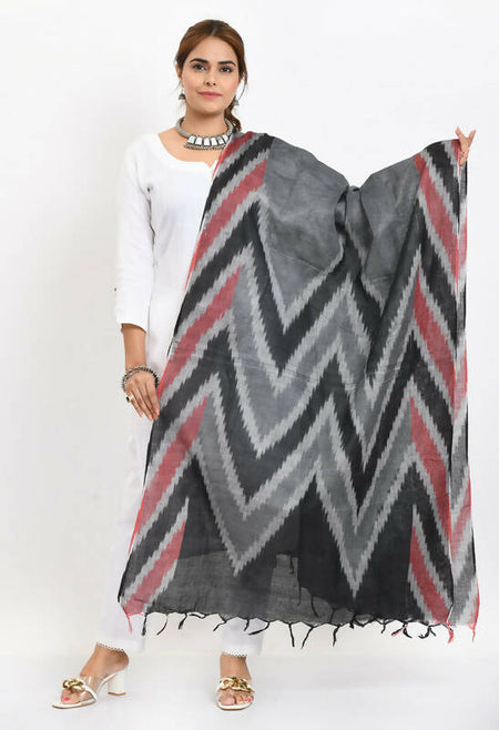 Mominos Fashion Moeza Women's Handloom Cotton Ikkat Maroon/Black Dupatta