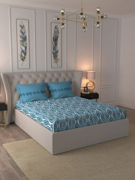 MYTRIDENT Blue White Ethnic Motifs Cotton 120 TC Queen Bedsheet With 2 Pillow Covers