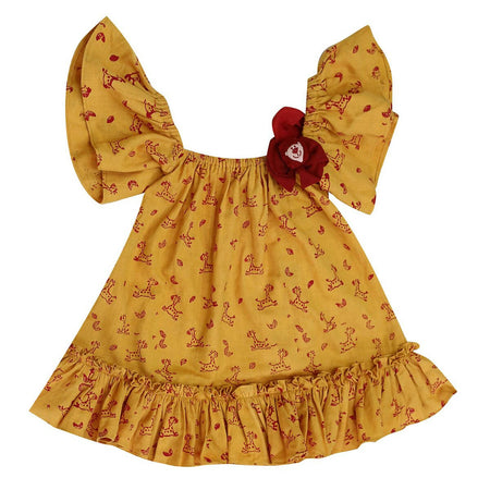 Mhyssa Half Frill Sleeves Square Neck Yellow Block Printed Frock