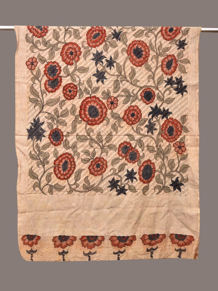 Cream Kalamkari Hand Painted Cotton Silk Dupatta with Floral Design - Global Threads