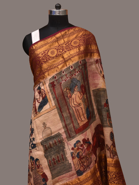 Cream Kalamkari Hand Painted Kanchipuram Silk Handloom Dupatta with Ajanta Design - Global Threads