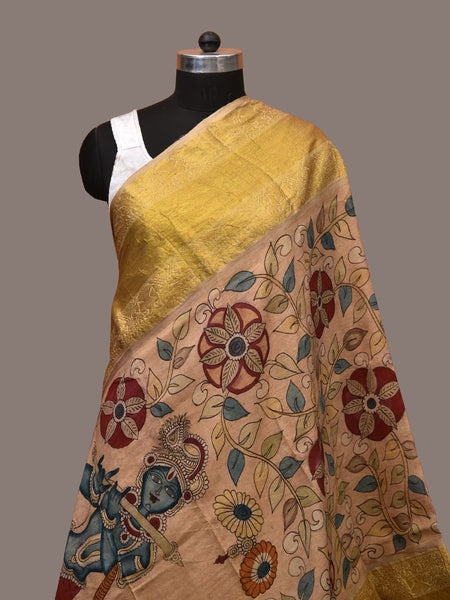Cream Kalamkari Hand Painted Kanchipuram Silk Handloom Dupatta with Krishna and Radha Design - Global Threads