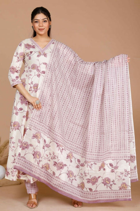 Miravan Women's Pink Floral Print Anarkali Kurta With Palazzo & Dupatta Set
