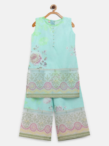 Ahalyaa Aqua Blue Crepe Printed Kids Kurta Palazzo Sets For Girls