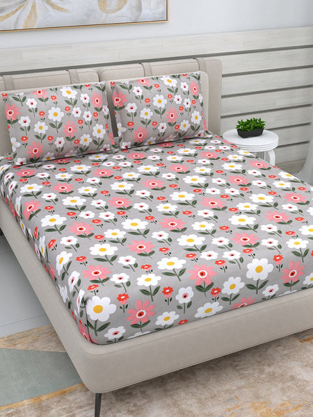 DREAM WEAVERZ Silver & Pink Pure Cotton Floral Queen Bedsheet with 2 Pillow Covers