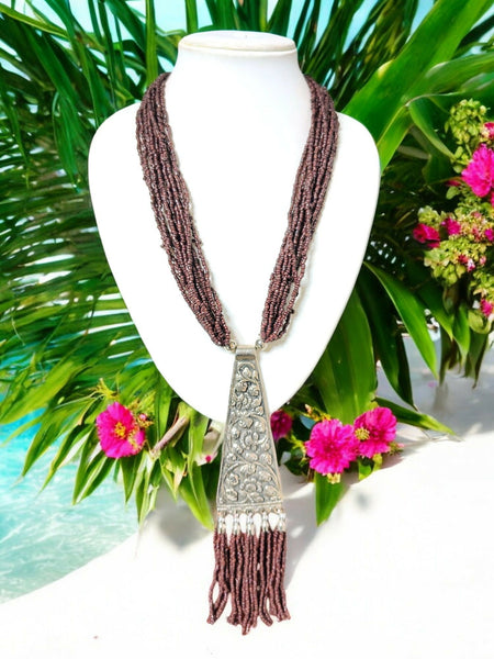 Inhanns Day-To-Dinner Tie Shaped Oxidized Black Metal Multi-Layered Long Only Necklace - Coffee Necklace