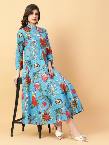 Joban Fashion Turquise Blue Cotton Printed & Hand Work Dress