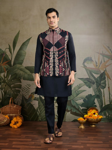 Vastranavya Black Exclusive Festival Viscose Silk Thread & Swarovski Embroidered Work Mens Wear Kurta & Koti