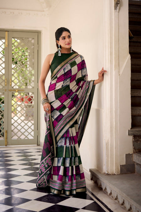 Vastranavya Green Viscose Chanderi Printed with Temple Border Saree & Unstitched Blouse