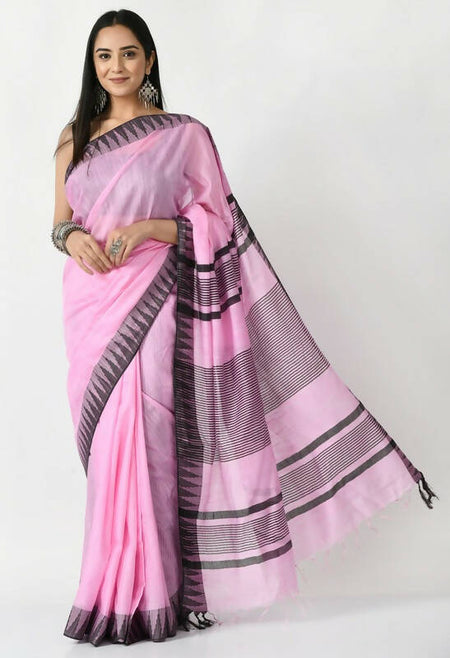 Mominos Fashion Moeza Baby Pink Bhagalpuri Handloom Silk Black Temple Border Saree with unstitched Blouse piece