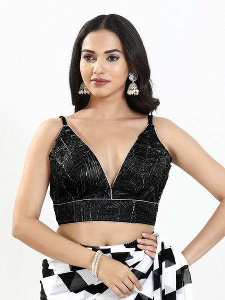 Joban Fashion Black Satin Crush Padded Blouse With V Neck Sleeveless