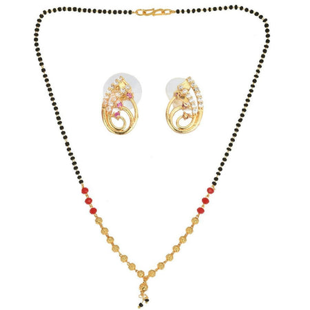 AanyaCentric Gold-Polished Short Mangalsutra Set with Earrings