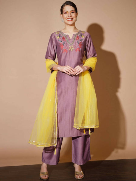 Myshka Mauve Solid Kurta & Palazzos With Dupatta
