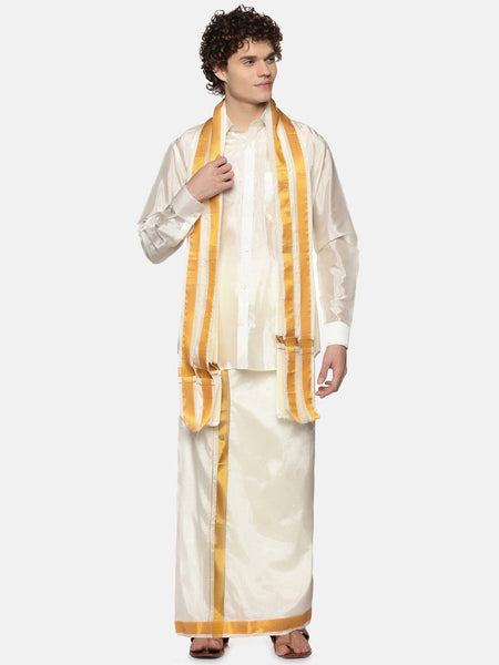 Sethukrishna Men Cream-Coloured Solid Art Silk Dhoti With Angavastram