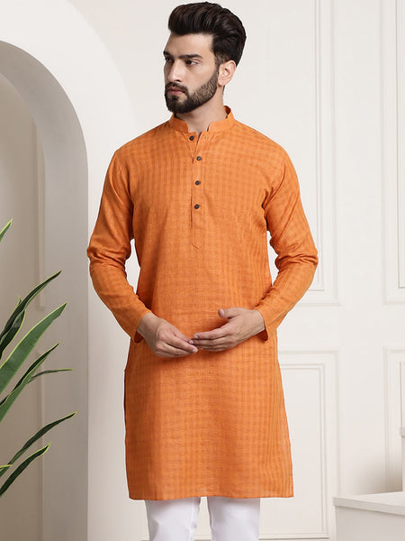 Sojanya Men Orange Dobby Self-Checked Straight Kurta