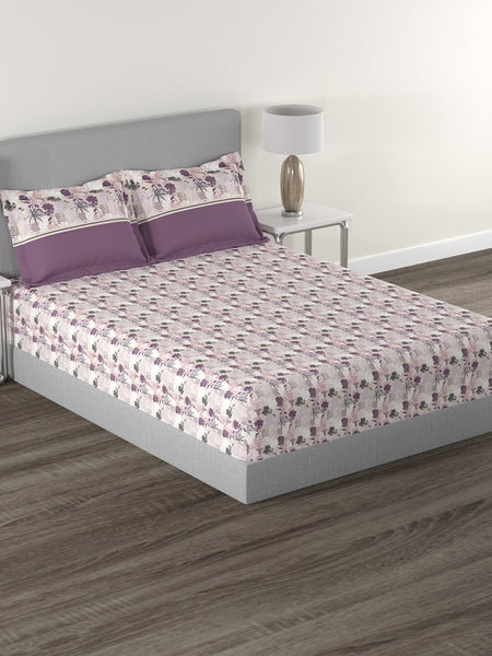 MYTRIDENT Mauve White Floral Cotton 144 TC Queen Bedsheet With 2 Pillow Covers