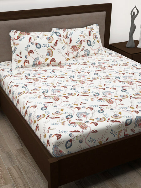 Story@home White & Yellow Ethnic Motifs Cotton 186 TC Queen Bedsheet With 2 Pillow Covers