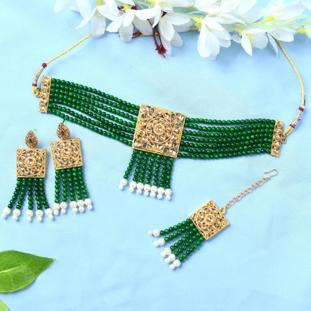 Mominos Fashion Johar Kamal Gold-Polished Kundan & Pearls Necklace Green/Golden Color Choker Set