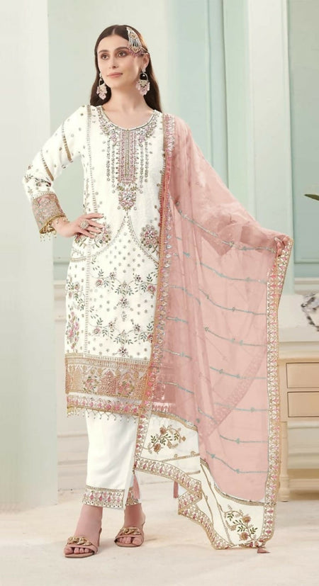 Anaita White Fox Georgette Stitched Suit with Embroidery Sequins
