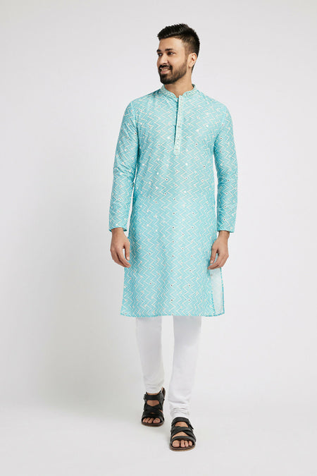 Ethnic India Blue Men's Kurta Embellished Polyester