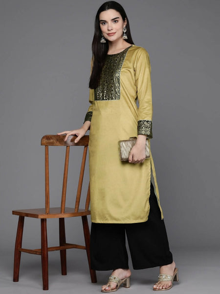 Ahalyaa Women Floral Yoke Design Gotta Patti Velvet Kurta - Mustard Color