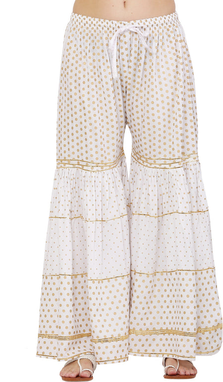 PAVONINE White Color 3-Panels Golden Printed Flared Sharara For Women & Girls