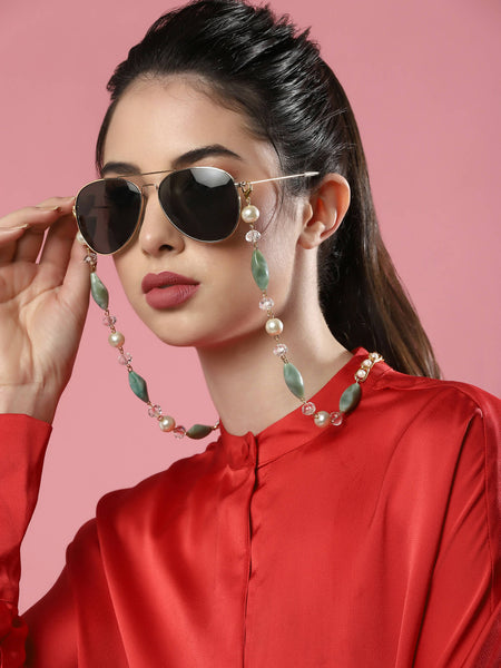 Gold-Toned Green Beaded Mask Chain - Ruby Raang
