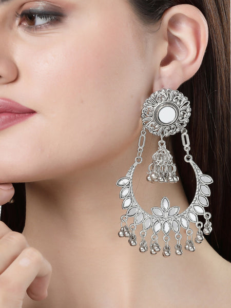 NVR Women's Silver-Plated Mirror Work Oxidised Chandbali Earrings
