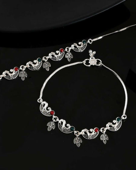 VOJ Set of 2 Silver Plated Meenakari Multi Color Anklet